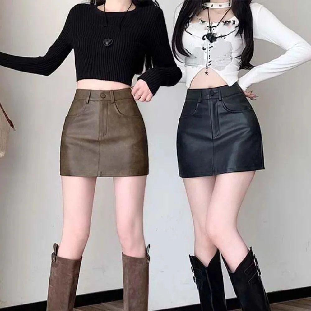 

Harajuku Zipper PU Leather Skirt Solid Color Slim Fit Short Mini Skirts Autumn Winter Retro Skirt with Safety Pants Summer