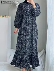 ZANZEA-vestido maxi vintage muçulmano para mulheres, Abaya elegante, vestido de cauda de peixe boêmio estampado, Dubai