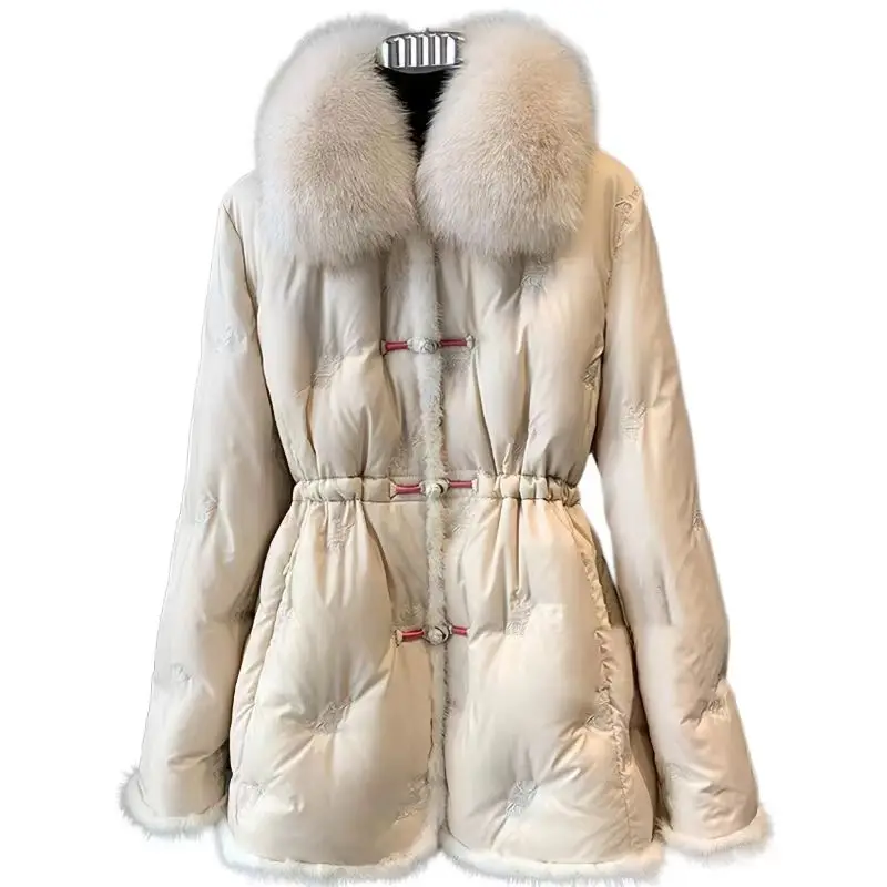 Women\'s Single Breasted White Duck Down Jacket, Chinese Style Parkas,Female Clothing,Fur Collar, Winter,New