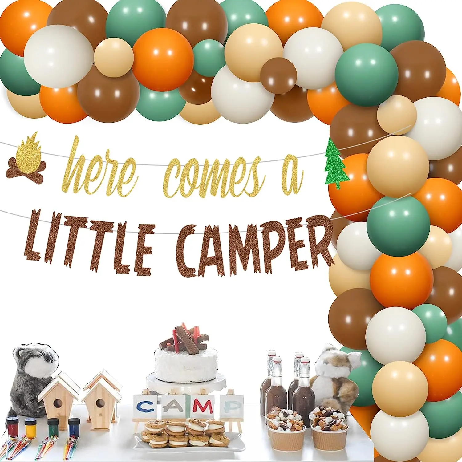 Camping Theme Baby Shower Decorations for Boys Girls Here Comes A Little Camper Glitter Banner Retro Green Brown Balloon Arch