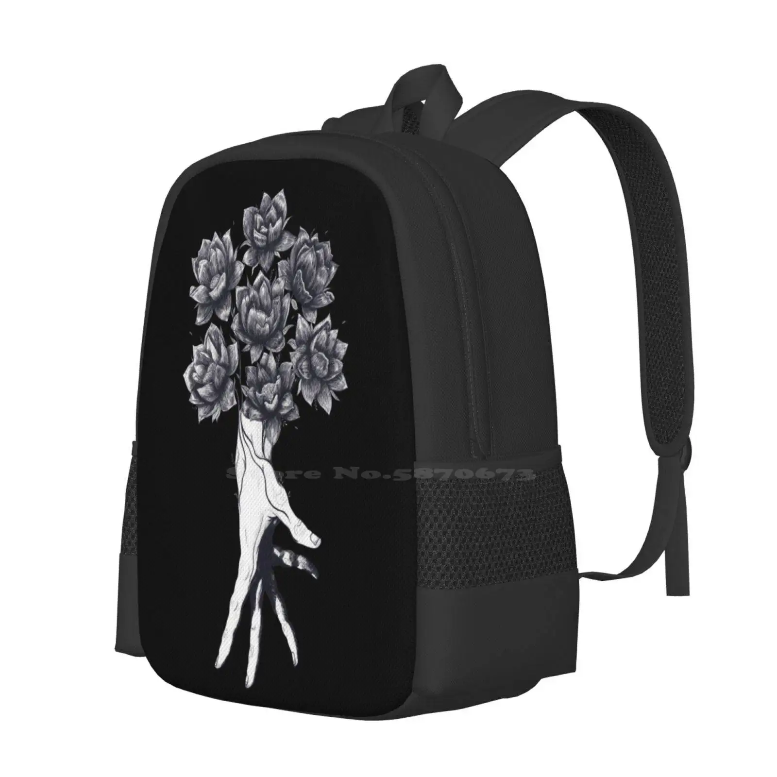 Hand mit Lotus auf schwarzem Muster Design Tasche Studenten Rucksack Hand Linie Mädchen schwarz und weiß Lotusblumen Garten Schönheit