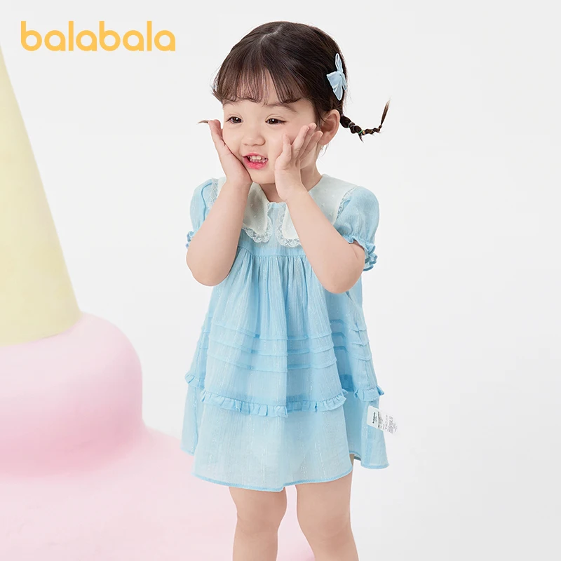 

Balabala Baby Dress Girls Dress Baby Princess Dress 2024 Summer New Fashion Square Neckline Dress Exquisite Sweet Stylish