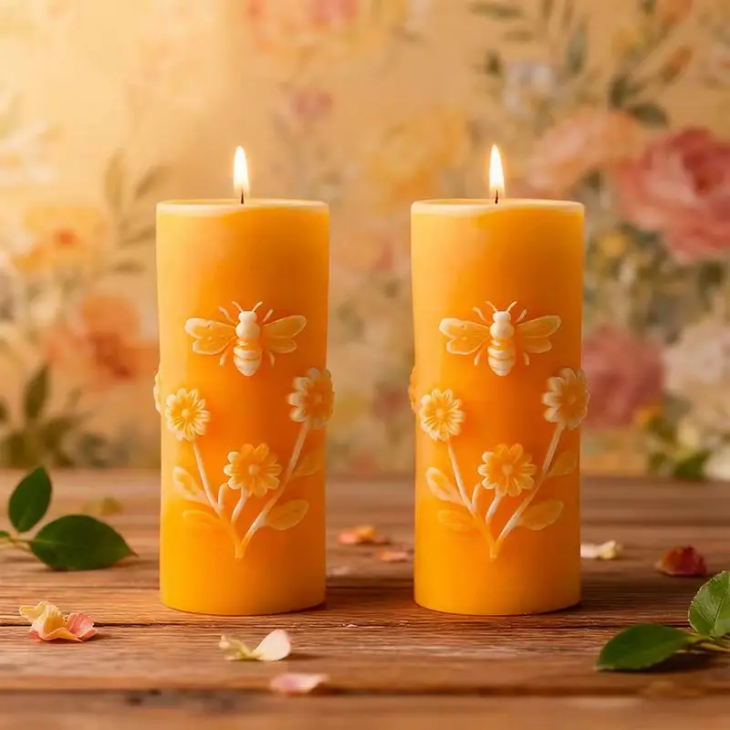 

3D Bee Flower Cylinder Silicone Mold DIY Embossed Aromatherapy Candle Making Tool Plaster Craft Mould for Home Decor Art Project