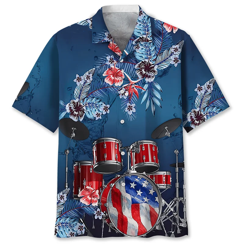Vintage Drums 3d Printed Hawaiian Shirt for Men Musical Instruments Graphics Short Sleeves Shirts Street Loose Lapel Blouse