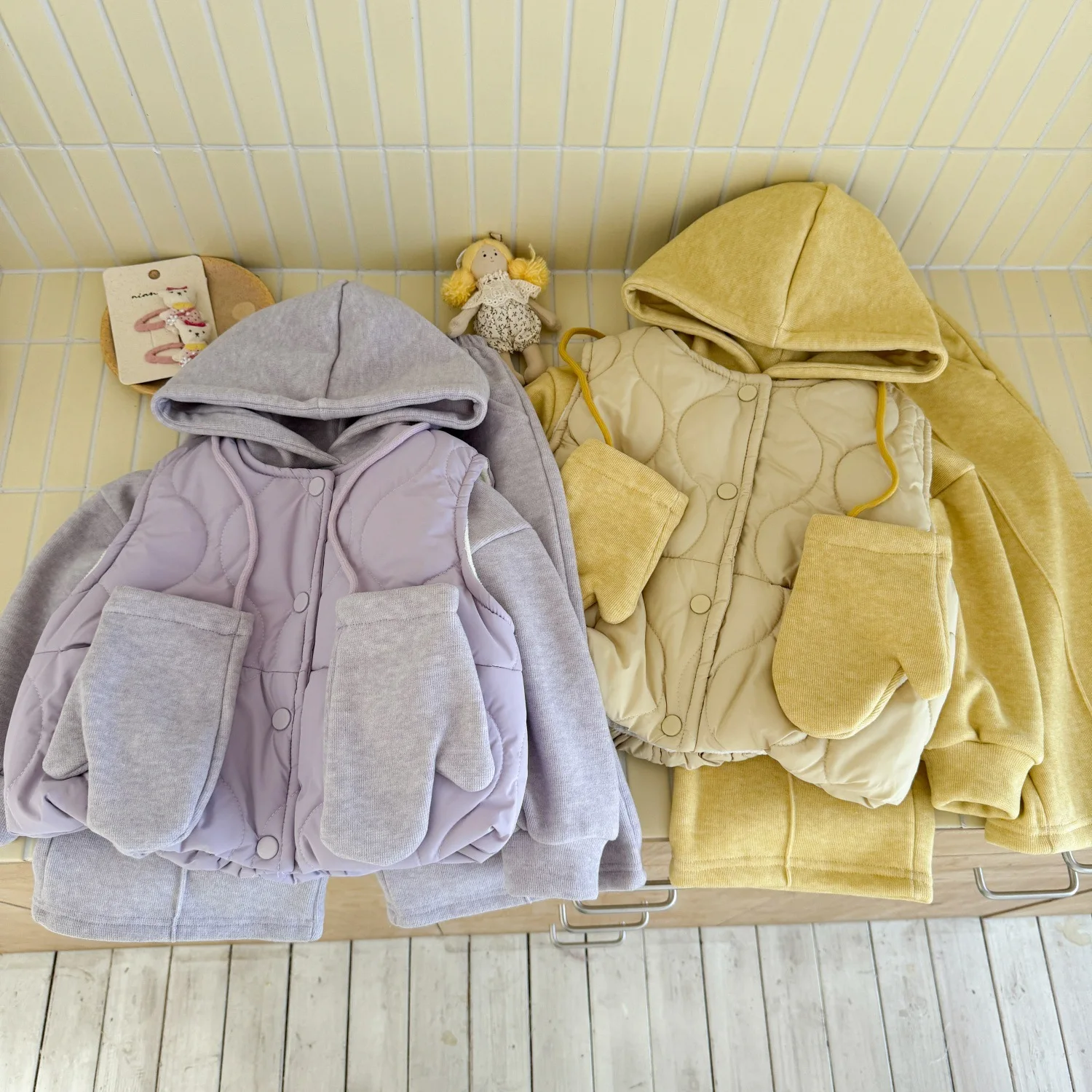 Winter Children Girl 4PCS Clothes Set Cotton Padded Kids Girl Wiastcoat Fleece Baby Girls Hoodies+straight Pant Suit With Gloves