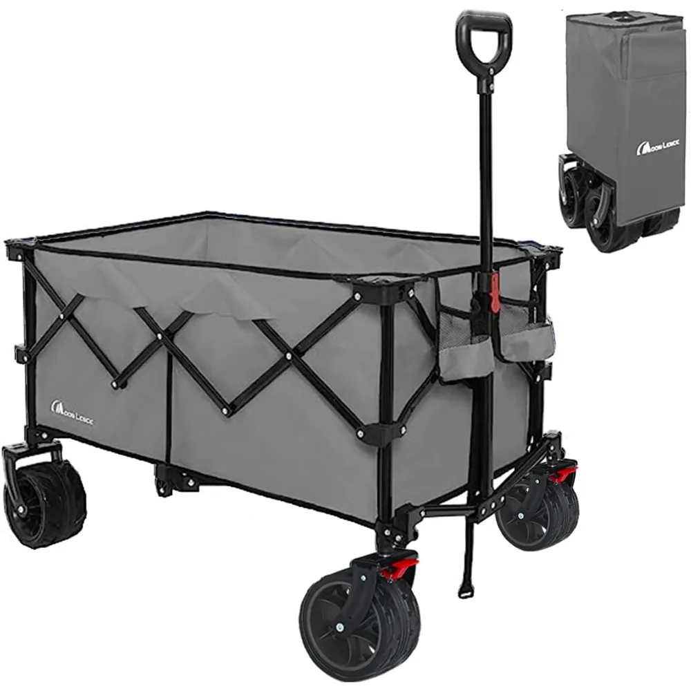 Folding Wagon Cart Heavy Duty Folding Garden Portable Hand Cart with All-Terrain Beach Wheels, Adjustable Handle & Drink Holders