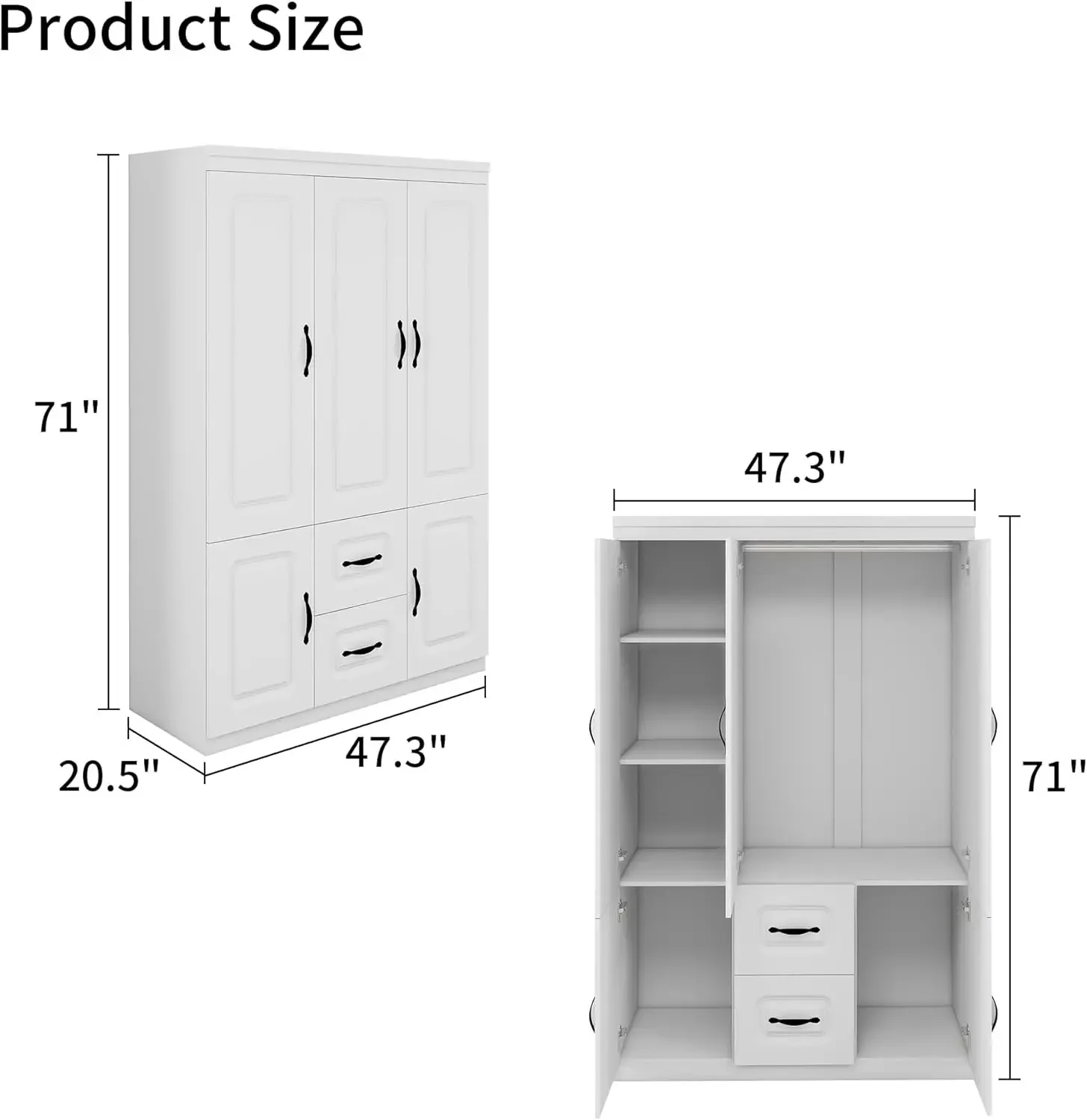 3 Doors Armoire Wardrobe Closet Wood White Storage Closet Wardrobe Cabinet Bedroom Armoires with Hanging Rod 2 Drawers Clothes W