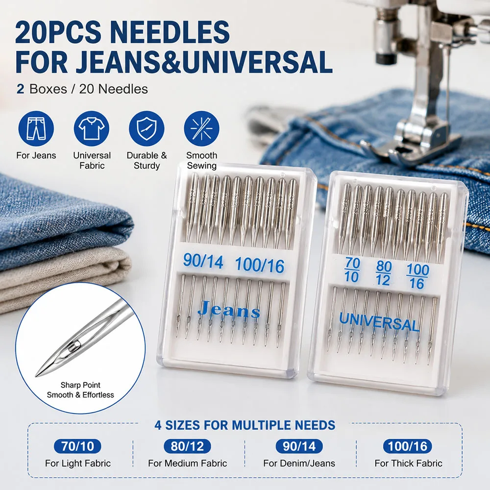 20-teiliges Nähmaschinennadel-Set für Jeans und Universalgewebe 70/10 80/12 90/14 100/16 Langlebige Scharfe Nadeln für den Hausgebrauch – Detail 1