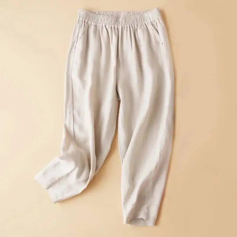 2025 Summer Women Capris Pants Casual Solid High Waist Cotton Linen Harem Pants Streetwear Short Trousers Pantalon Femme