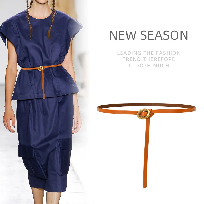 Style Simple Women's Skinny Genuine Leather Waist Belt with Metal Buckle and Knot Detail Adjustable for Dresses