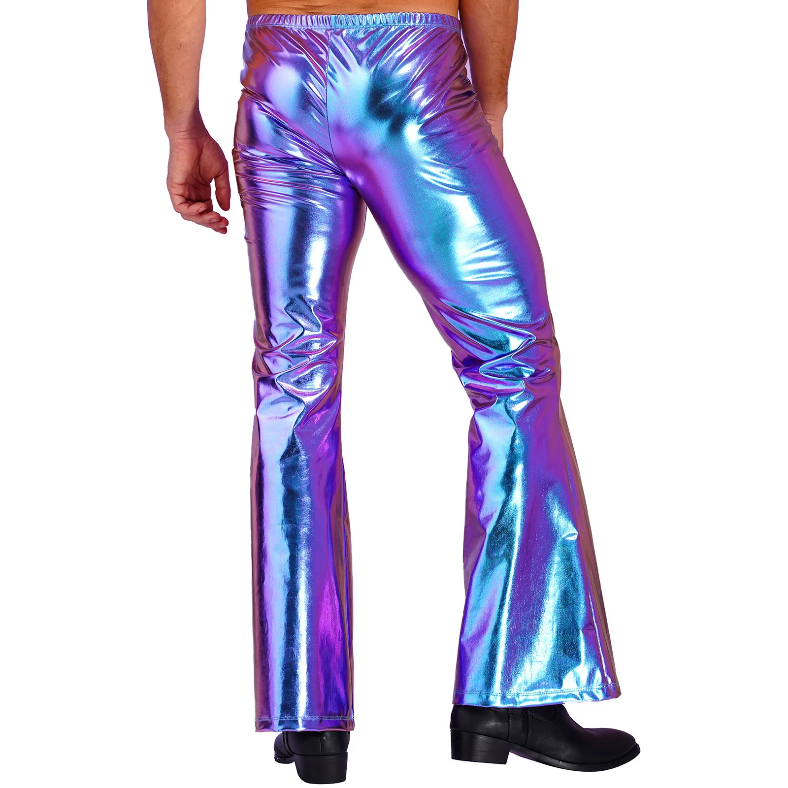 Mens Fashion Shiny Metallic Flare Pants Bell Bottom Trousers for Rave Party Club Disco Pole Dance Stage Performance Streetwear