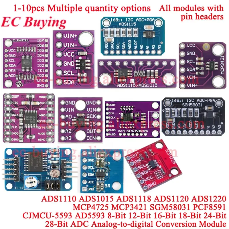 ADS1115 ADS1015 MCP4725 AD5593 ADS1110 ADS1118 ADS1120 ADS1220 MCP3421 SGM58031 PCF8591 Módulo de placa de ruptura analógica a digital