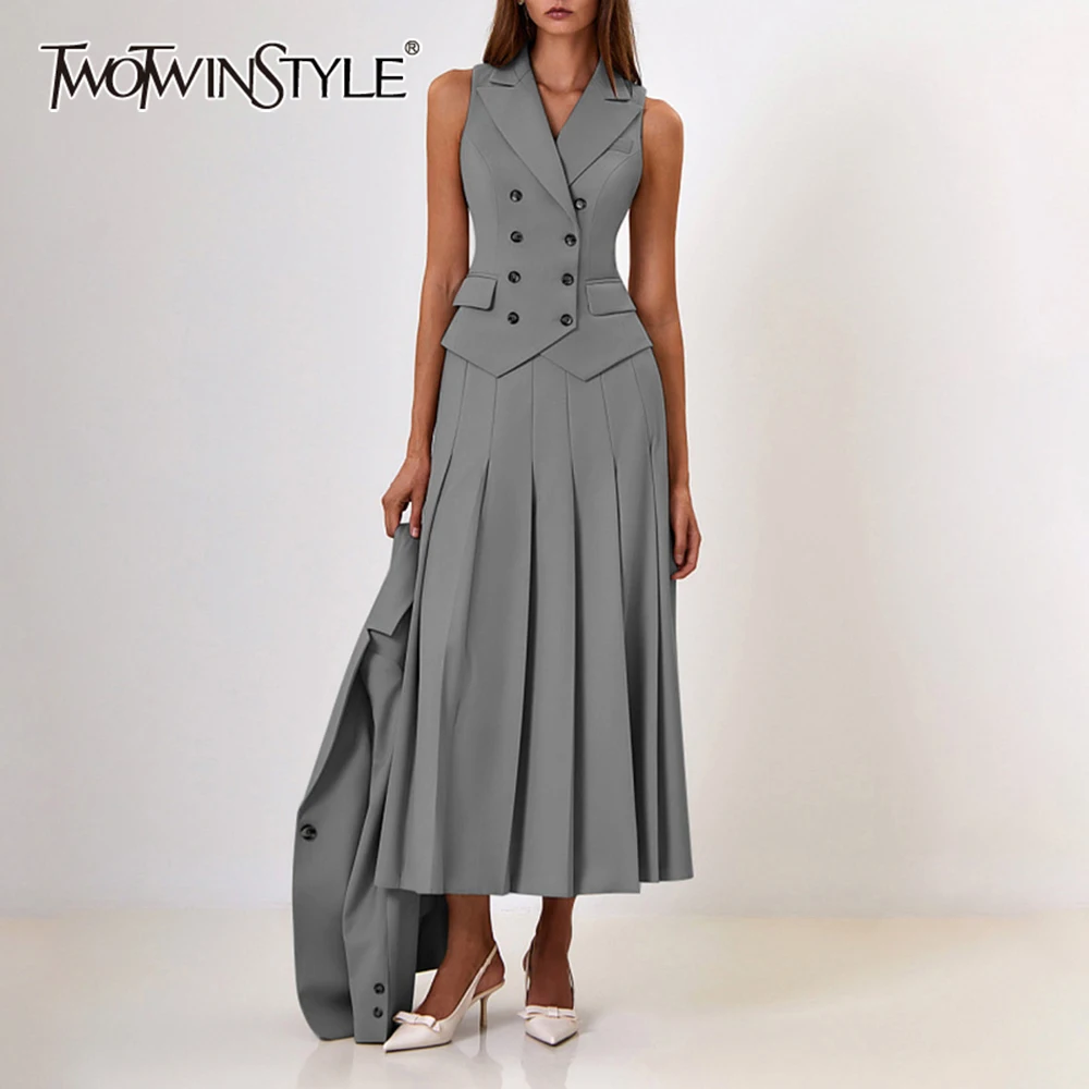 TWOTWINSTYLE Elegant Two Piece Sets For Women Lapel Sleeveless Tunic Waistcoat High Waist A Line Skirt Slimming Set Female New