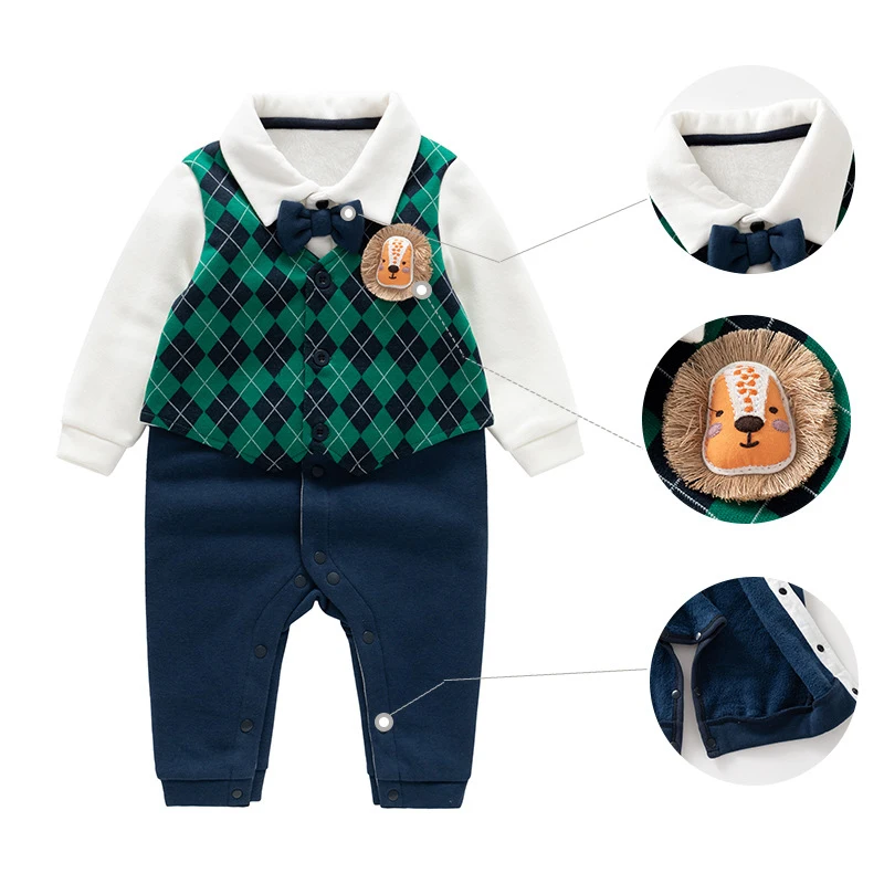 

Newborn Boy Romper Autumn Winter Preppy Style Thicken Warm Toddler Boys Jumpsuits Lion Applique Kids Baby Boys Bodysuits
