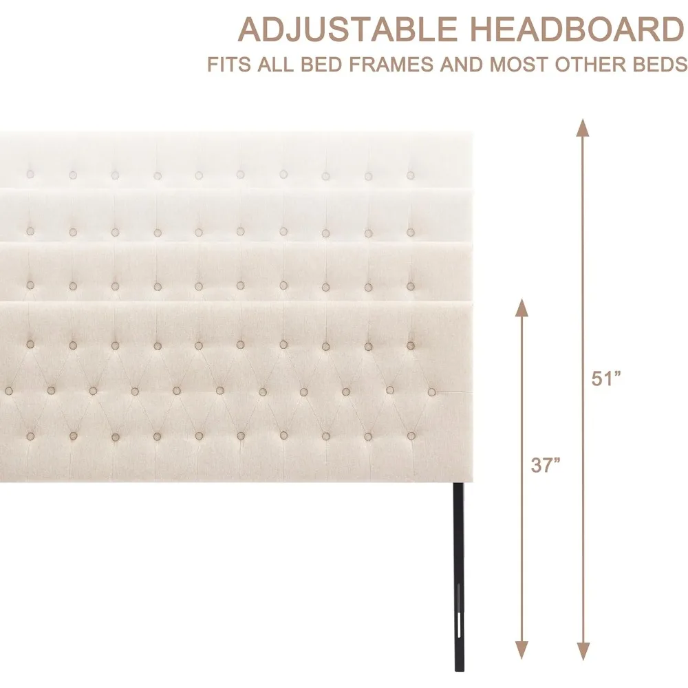 لوح رأسي منجد معنقدة بحجم XL بالكامل، خشب متين بأرجل معدنية، لوح رأسي بارتفاع قابل للتعديل لأسرة XL كاملة