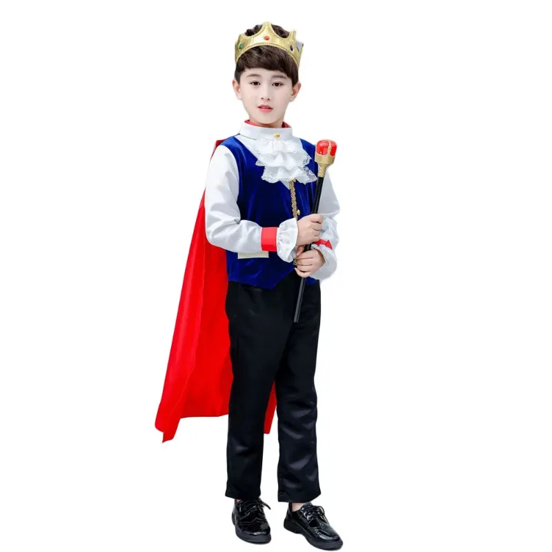 Halloween Kids Princess King Cosplay Costume Boys Royal King Prince Roleplay Outfit Tops with Pants Belt Cape crown Scepter Set