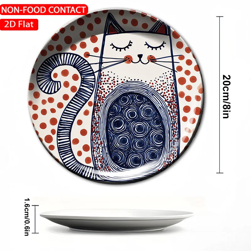 1pc FORJN Ceramic Decorative Plate with Red Polka Dot Cat Wall Art - Round Suitable for Decoration in Kitchen, Living Room,
