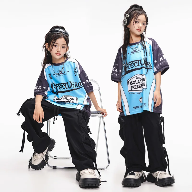 

Kids Street Dance Loose T Shirt Short Sleeves Black Cargo Pants Hip Hop Clothing Girls Jazz Practice Wear Boys Performance Suit