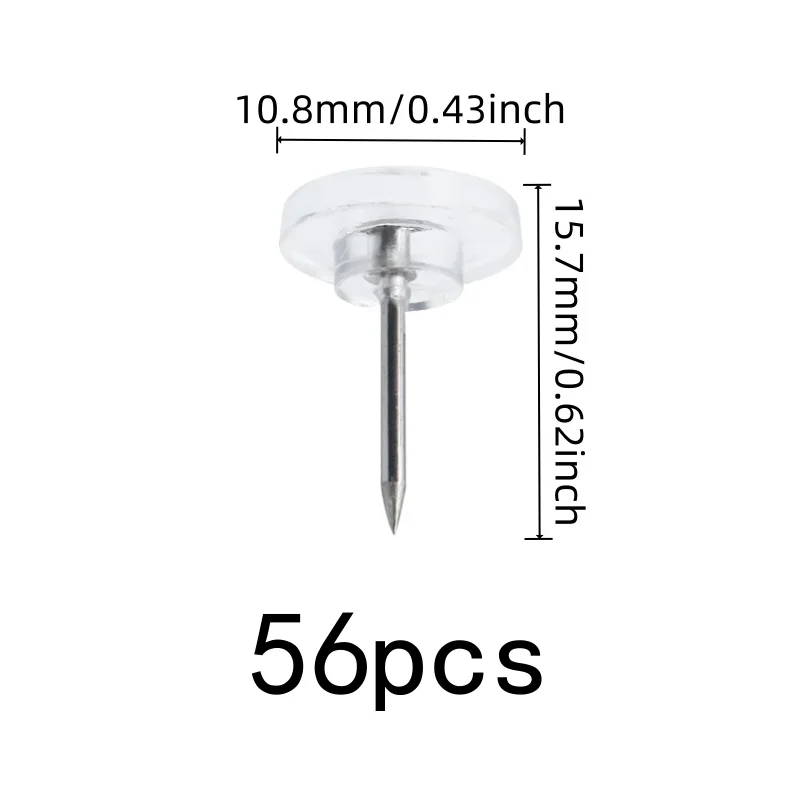 56 pcs Clear Flat Thumb Tacks, Easy Push Sharp Pin and Transparent Flat Head, ideal for Home Calendar Fixing
