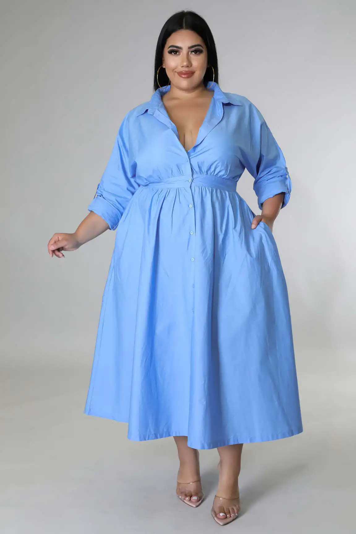 Plus Size Elegant Blouse Dress Female Solid Loose Button Blouse 2023 Autumn Women Fashion Long Robe Lady Large Size Formal Dress