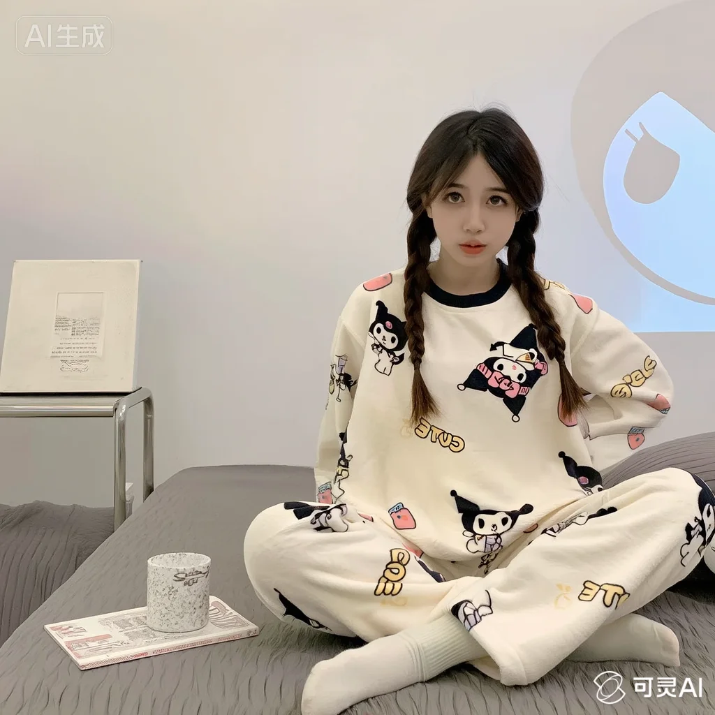 

Sanrio Kuromi Pajamas Kawaii Screwhead Pure Cotton Leisure Autumn Winter Stay At Home Comfortable Sleep Fresh Sweet Cute Girl