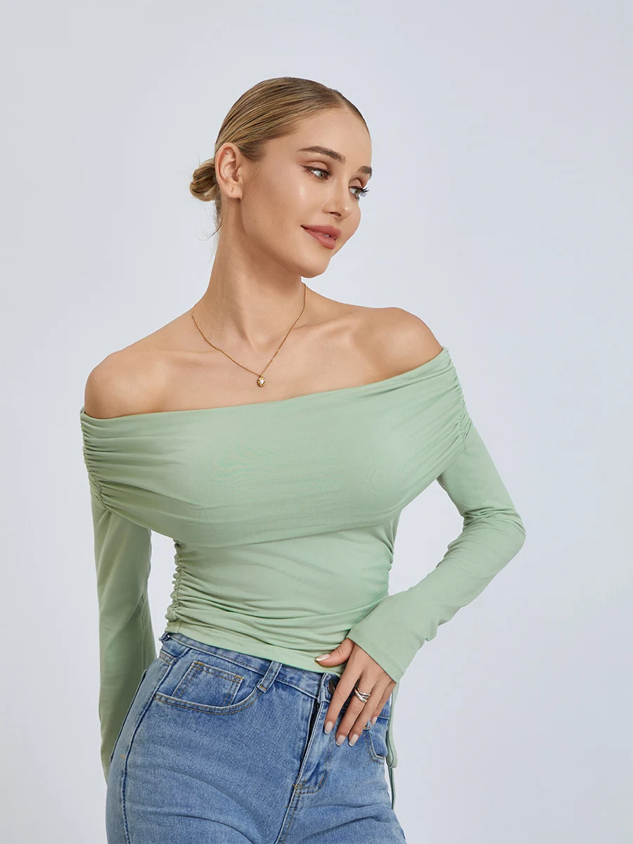 Women Crop Long Sleeve Tops Drawstring Basic Off-Shoulder Shirt Casual Pullovers for Club Streetwear Aesthetic Clothes