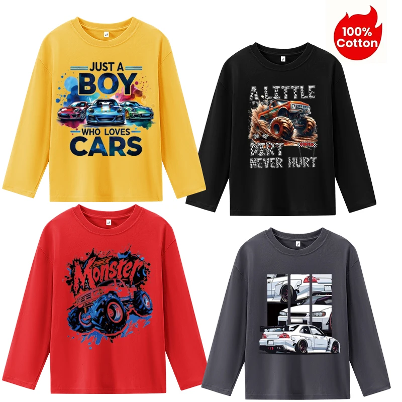 

Boy's round neck long sleeve T-shirt; car leisure comfortable hoodie; daily breathable top 4 pieces