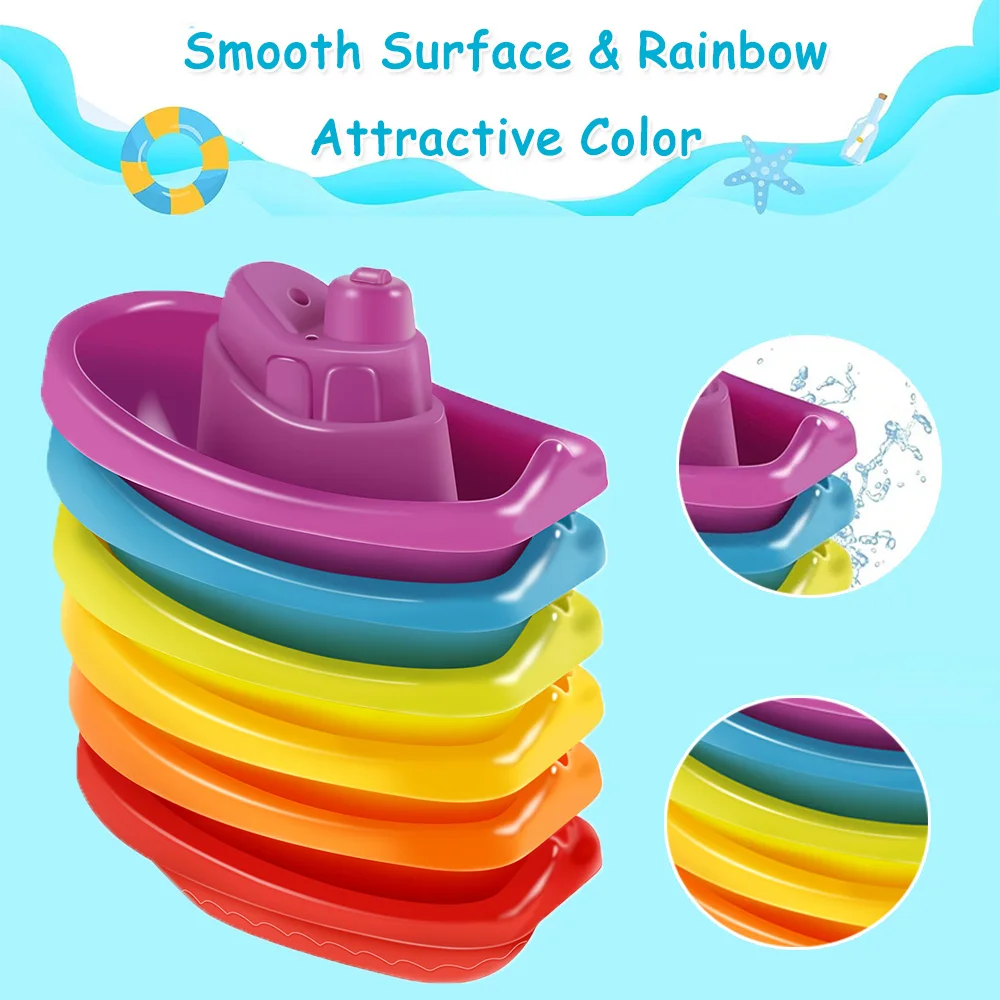 Jouets de bain pour bébé, jouets de bateau et de cuillères empilables, cadeau d'intelligence pour l'éducation précoce, jouet pour bébé à tour pliante à tasse empilée de couleur arc-en-ciel