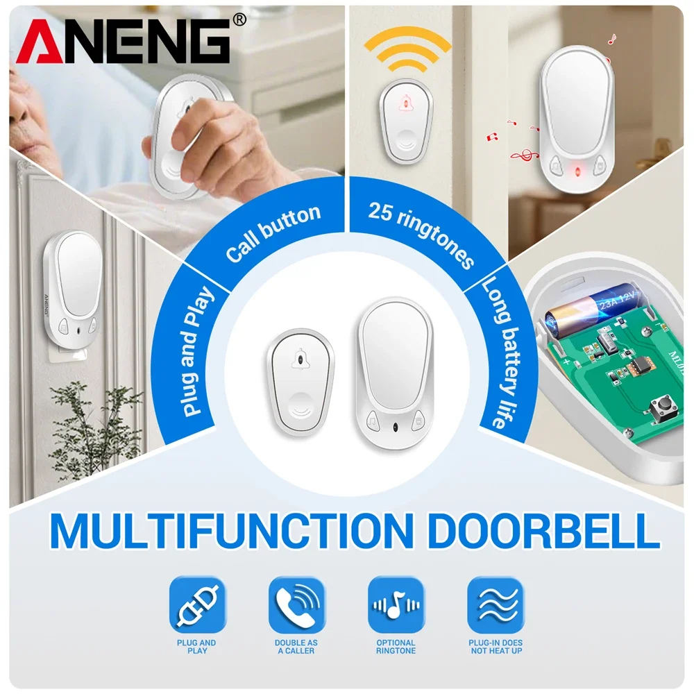 ANENG กริ่งประตูไร้สายอัจฉริยะรีโมท US Plug Reception เสียงสูง 4 เสียงปรับเสียงกริ่งสัญญาณเตือนความปลอดภัยโทรรับประตู