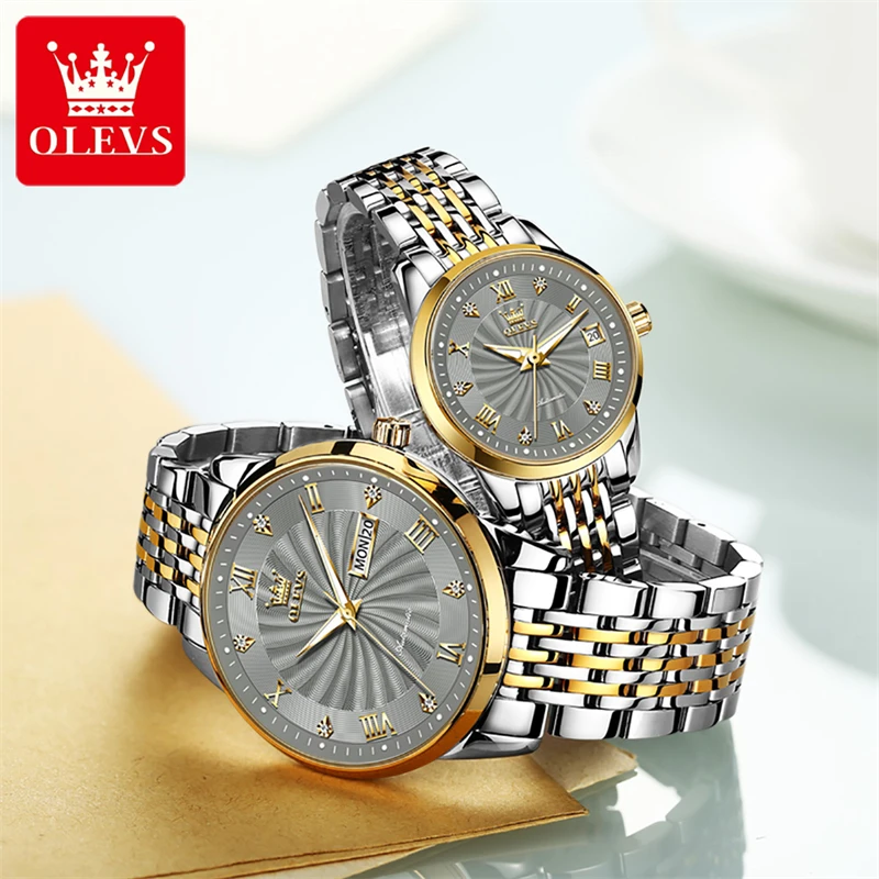 OLEVS-reloj mecánico con correa de acero inoxidable para pareja, cronógrafo luminoso, resistente al agua, sencillo, de lujo, a la moda, nuevo