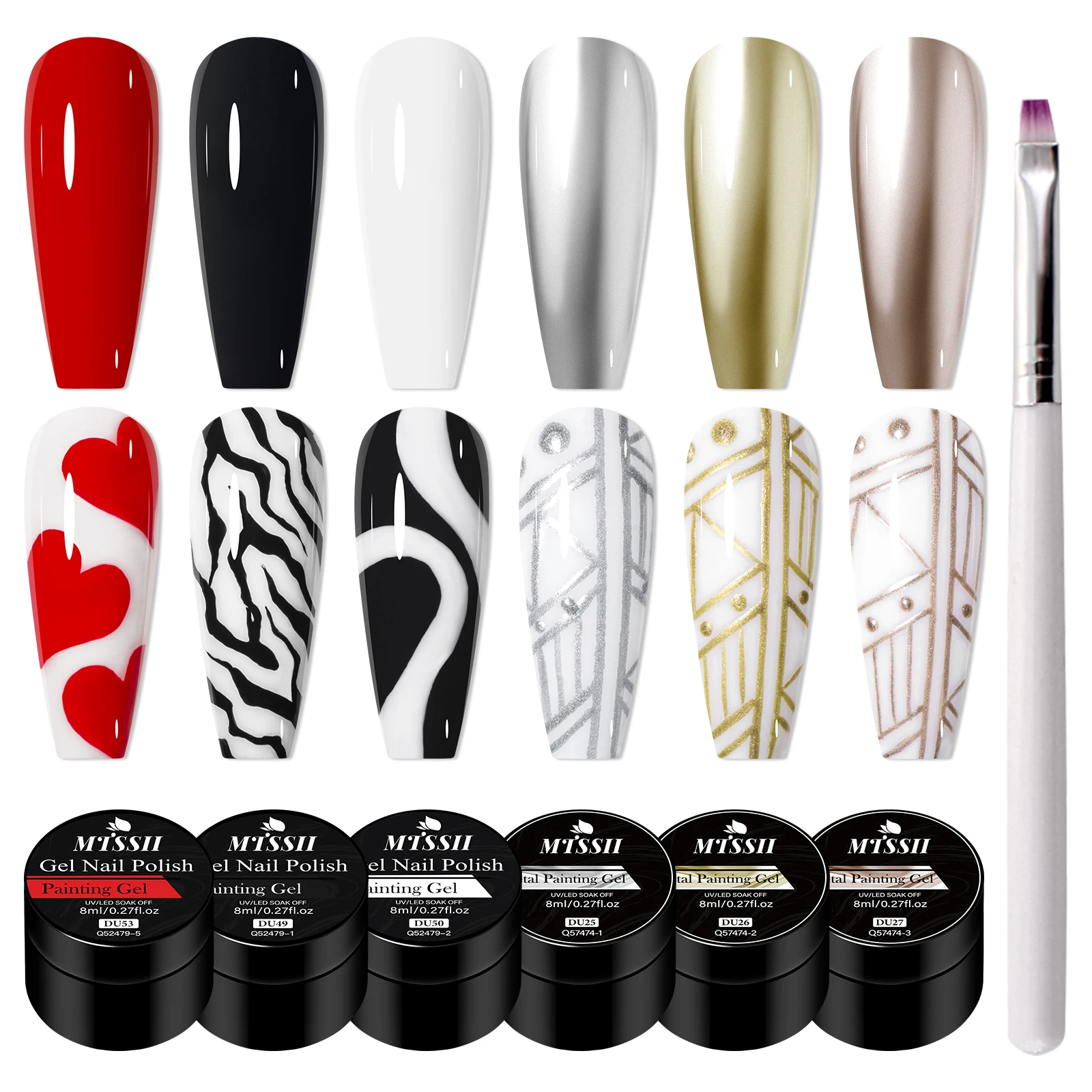 

7pc Painting Nail Gel Polish Set Gold Silver Black White Painting Nail Supplies Varnishes Long Lasting HAME FREE Manicure UV/LED
