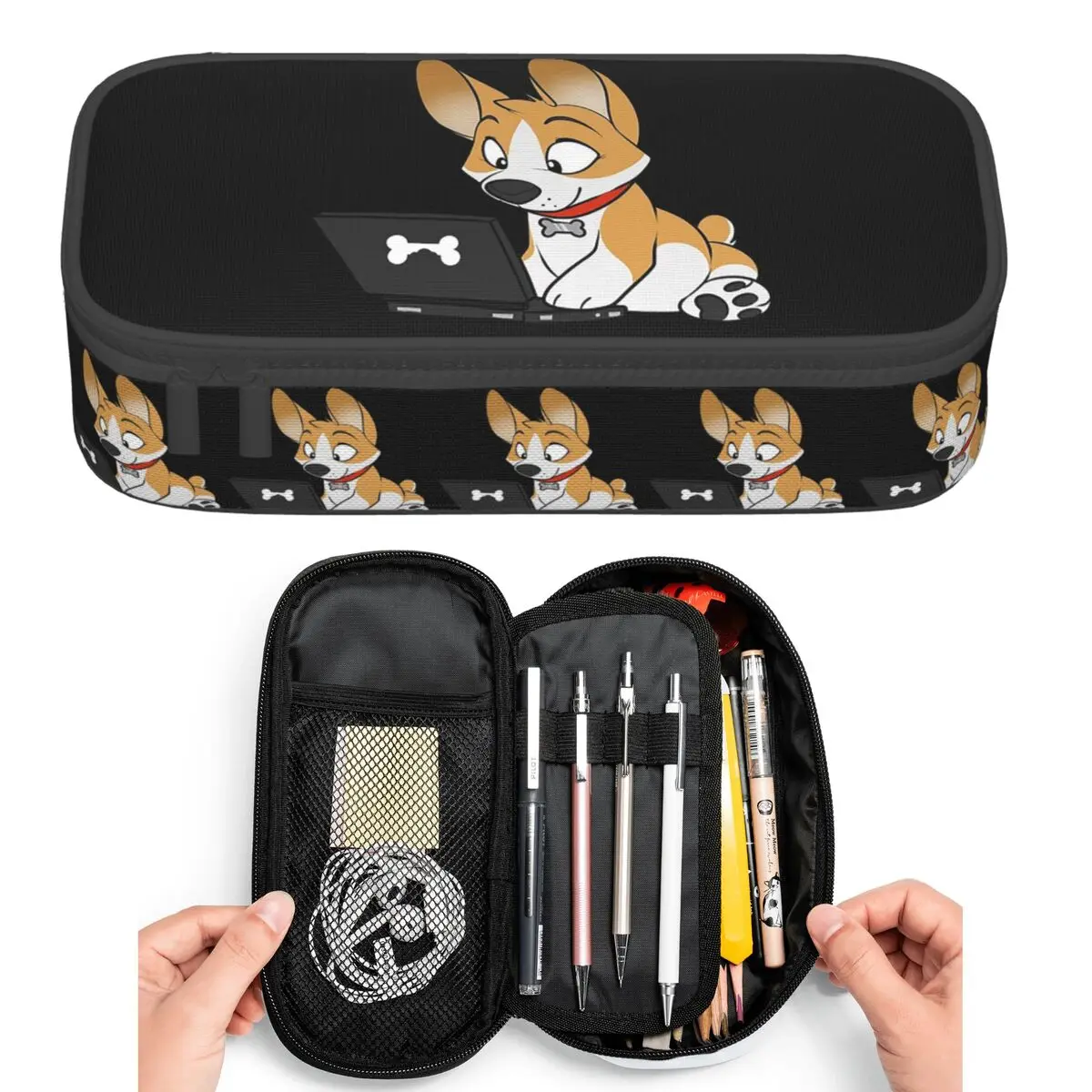 Cute Dog Puppy Looks At Computer Pencil Cases for Student Pen Box Pencil Bag Big Capacity Pencil Pouch Pen Holder