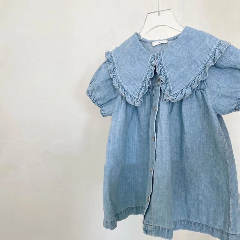 2024 Summer New Girl\'s puff sleeve dress Kids solid color denim princess party dress Baby girl big turn-down collar dress