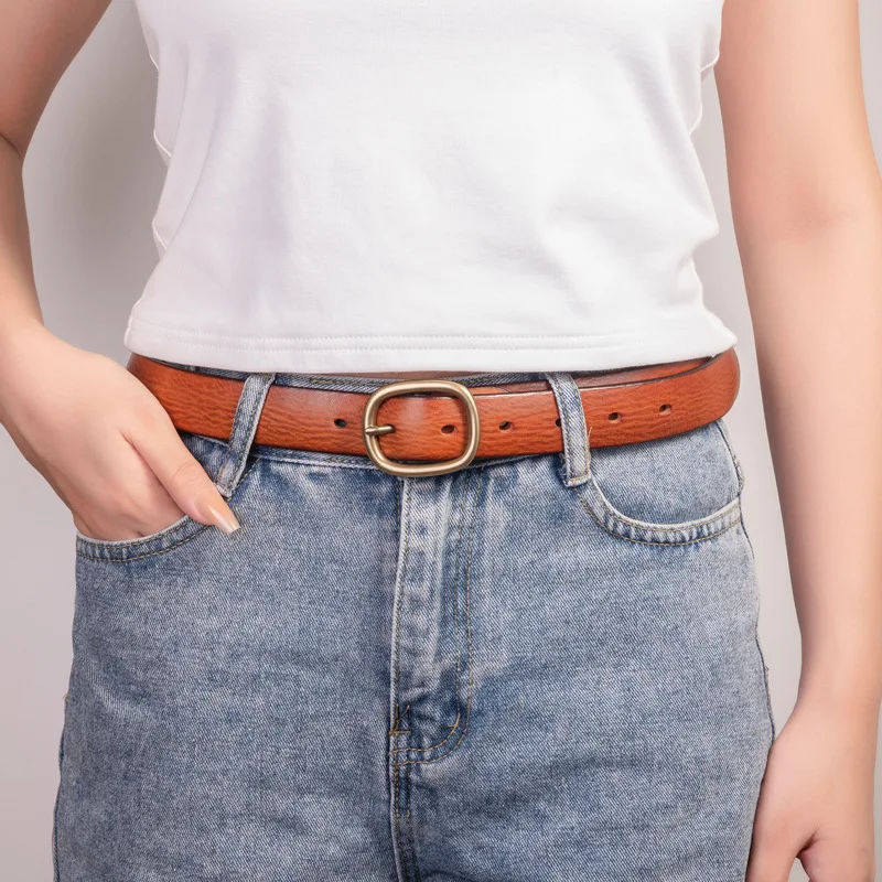 

3cm Genuine Leather Handmade Belt for Women,Women's Narrow Style Vintage Copper Buckle Korean Version Casual Simple Jeans Belts