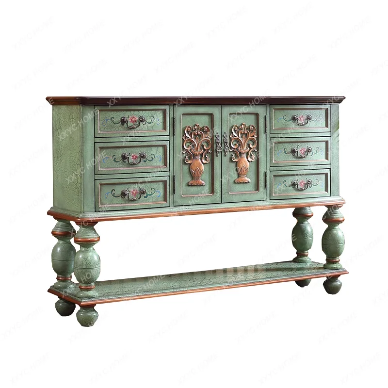 

Mediterranean Retro Solid Wood Painted Entrance Cabinet Console