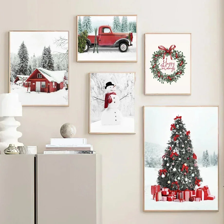 Winter Scenery Picture Canvas Painting Wall Art Modern Santa Tree Elk Pine Poster and Print for Christmas Home Living Room Decor