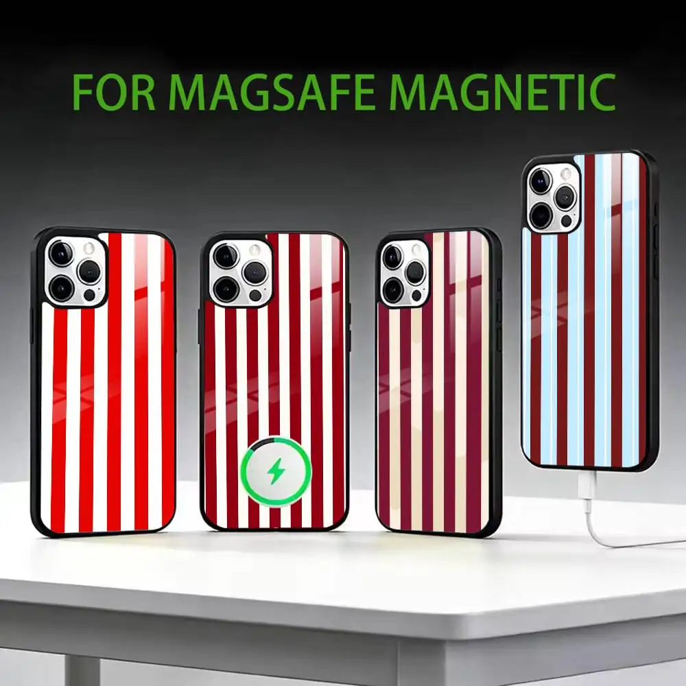 

Burgundy White Stripe Phone Case For iPhone17,16,15,14,13,12,11 Plus,Pro Max Magnetic For Magsafe Wireless Charging