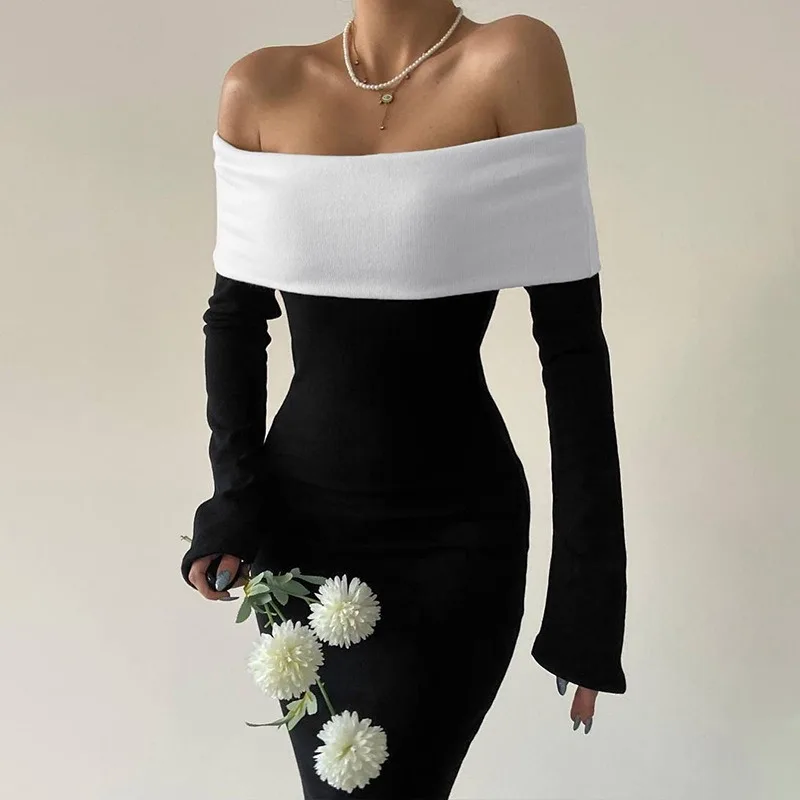 

Off Shoulder Color Patchwork Bodycon Maxi Dress Women Autumn Slash Neck Full Sleeve High Waist Elegant Dresses Club Partywear