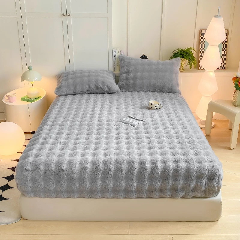 New Bubble Milk Fleece Solid Color Single Bed Hat  360-degree Wrapped Mattress Cover with Elastic Strap Warm Bedspread