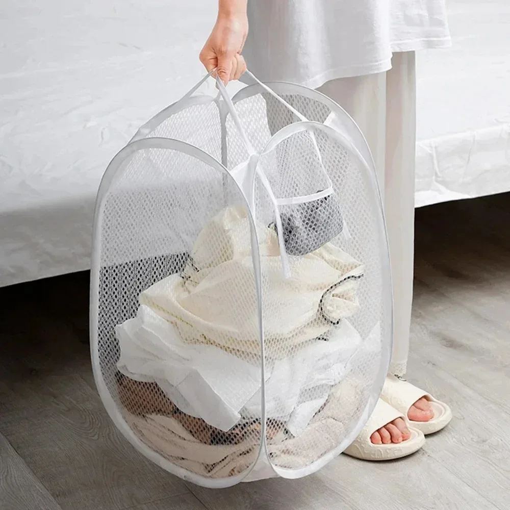 Cesto de Roupa Suja Dobrável em Tela Respirável com Bolso Lateral para Banheiro e Quarto de Dormitório Universitário