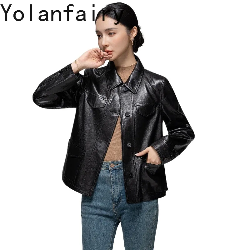 YOLANFAIRY Real Sheepskin Woman Leather Coats 2026 Fall High Quality 100% Genuine Leather Jacket Women Short Black jaquetas New
