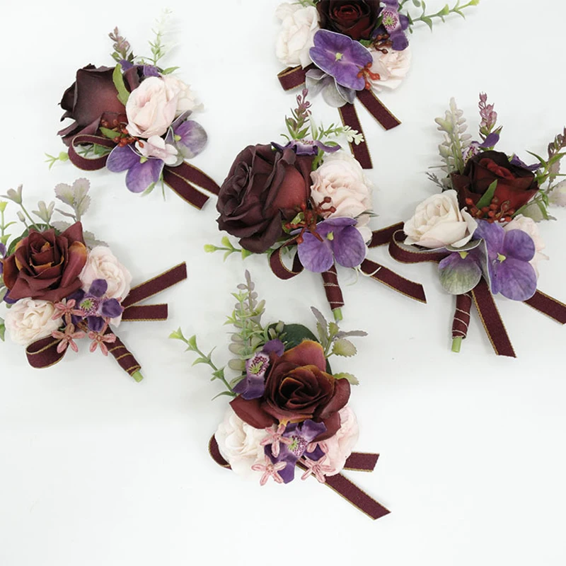 Bourgondië Aritifical Boutonniere Bloemen Handgemaakte Bruid Accessoires Bruidegom Bruidsmeisje Corsage Getuige Bruiloft