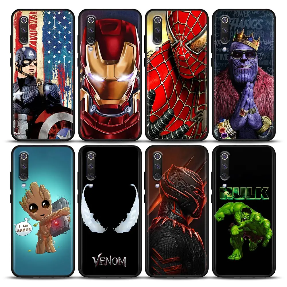 Avengers Marvel Spiderman Ironman Black Fundas For Xiaomi Mi 9T 13T Pro 10 10T 9 13 Pro 8 11 Lite 12T Note 10 9T Case Back Cover