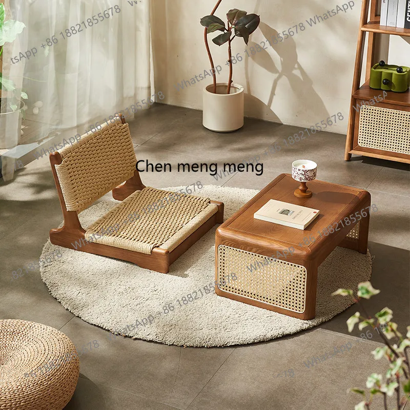 

Tatami solid wood lounge chair bay window, Japanese room chair balcony rope-woven low chair backrest chair, combination