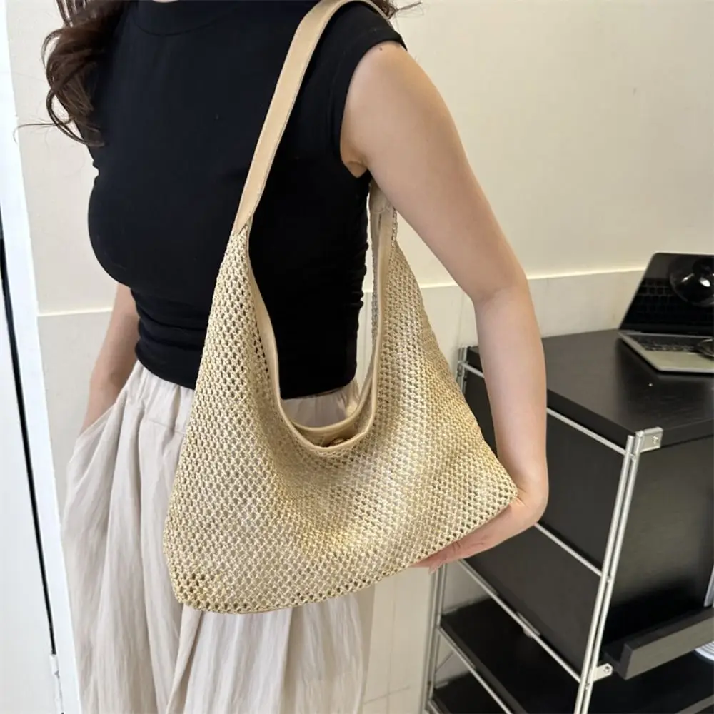 

Простая сумка-ведро, тканая сумка, кошельки, соломенная сумка на плечо, однотонная женская сумка-тоут большой вместимости