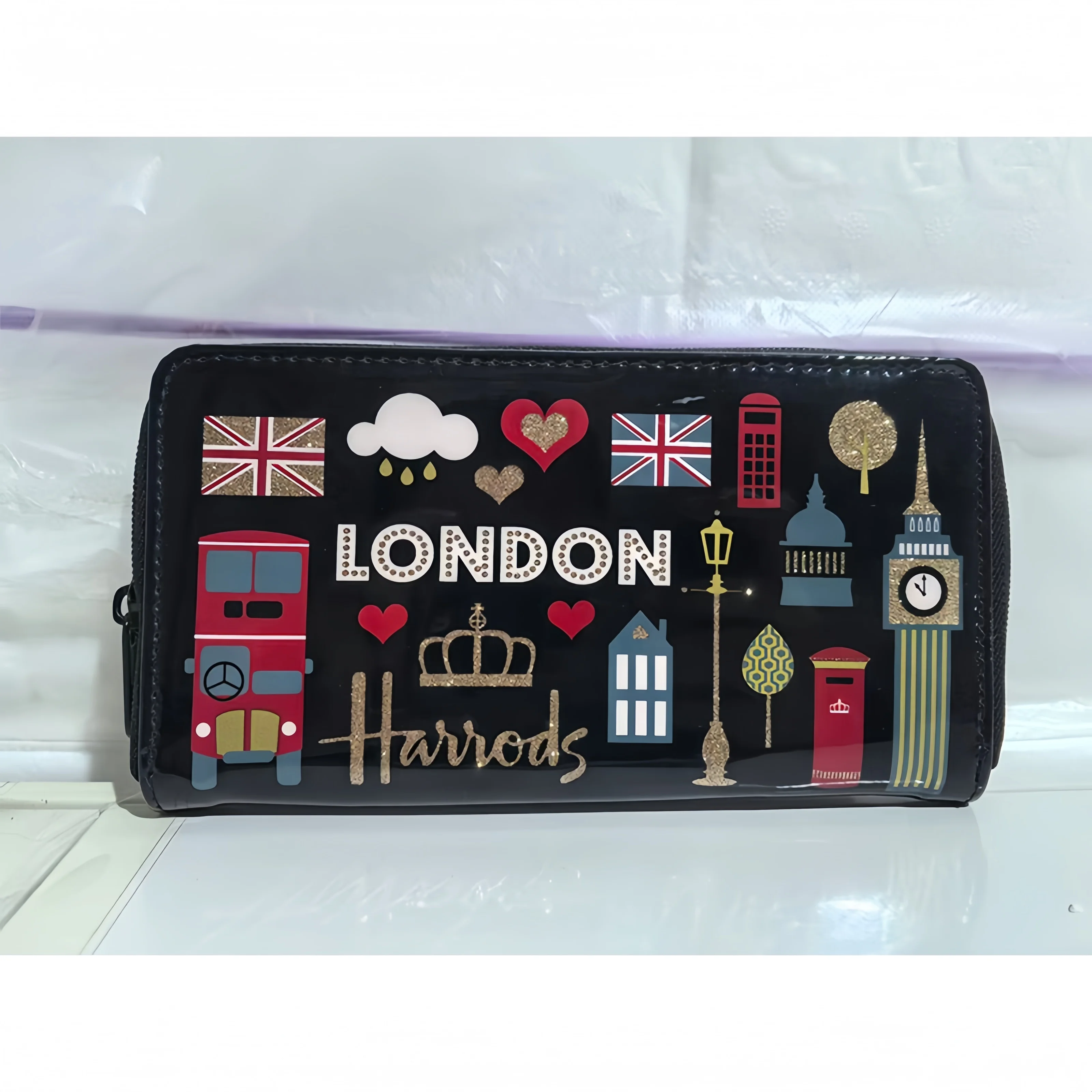 

Harrods Clutch Bag 20*10.5*2cm Black Pvc Letter Crown Peach Heart Long Wallet Lipstick Storage Bag