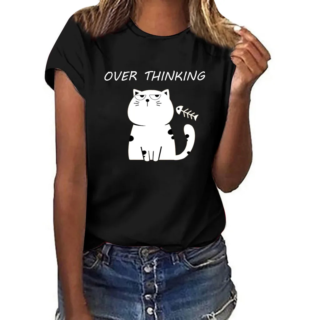 Seeyoushy Cats Over Thinking Print Women T Shirt Harajuku Graphic Tees Woman Funny Slim Cute Girl's Tshirts Tees & Tops Summer