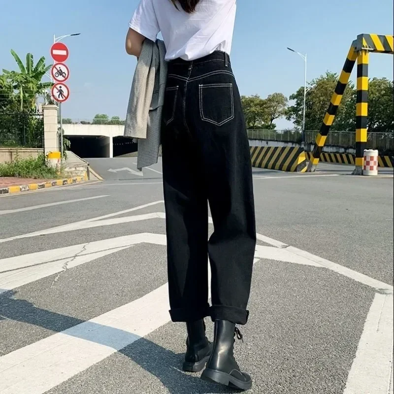 Black Jeans Women Streetwear Straight High Waist Fashion Full Length Korean Style Autumn Denim Bright Line Decoration Vintage