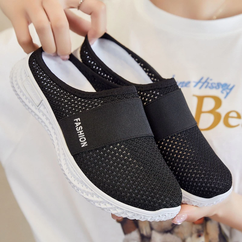 Elastic Band Mesh Backless Mules Women Platform Slip On Shoes Breathable Non Slip Comfort Walking Casual Clogs