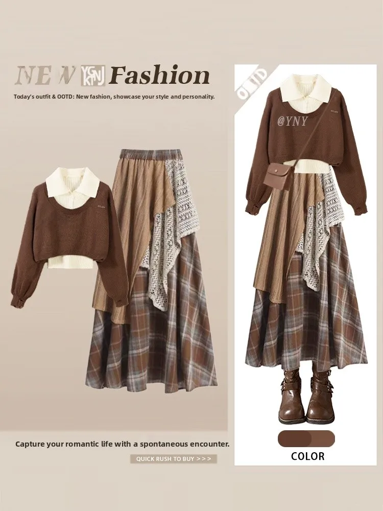 

Вязаный свитер в стиле ретро кофейного цвета с длинными рукавами, с объемной вышивкой, кружевными вставками и клетчатым узором, базовый топ для женщин